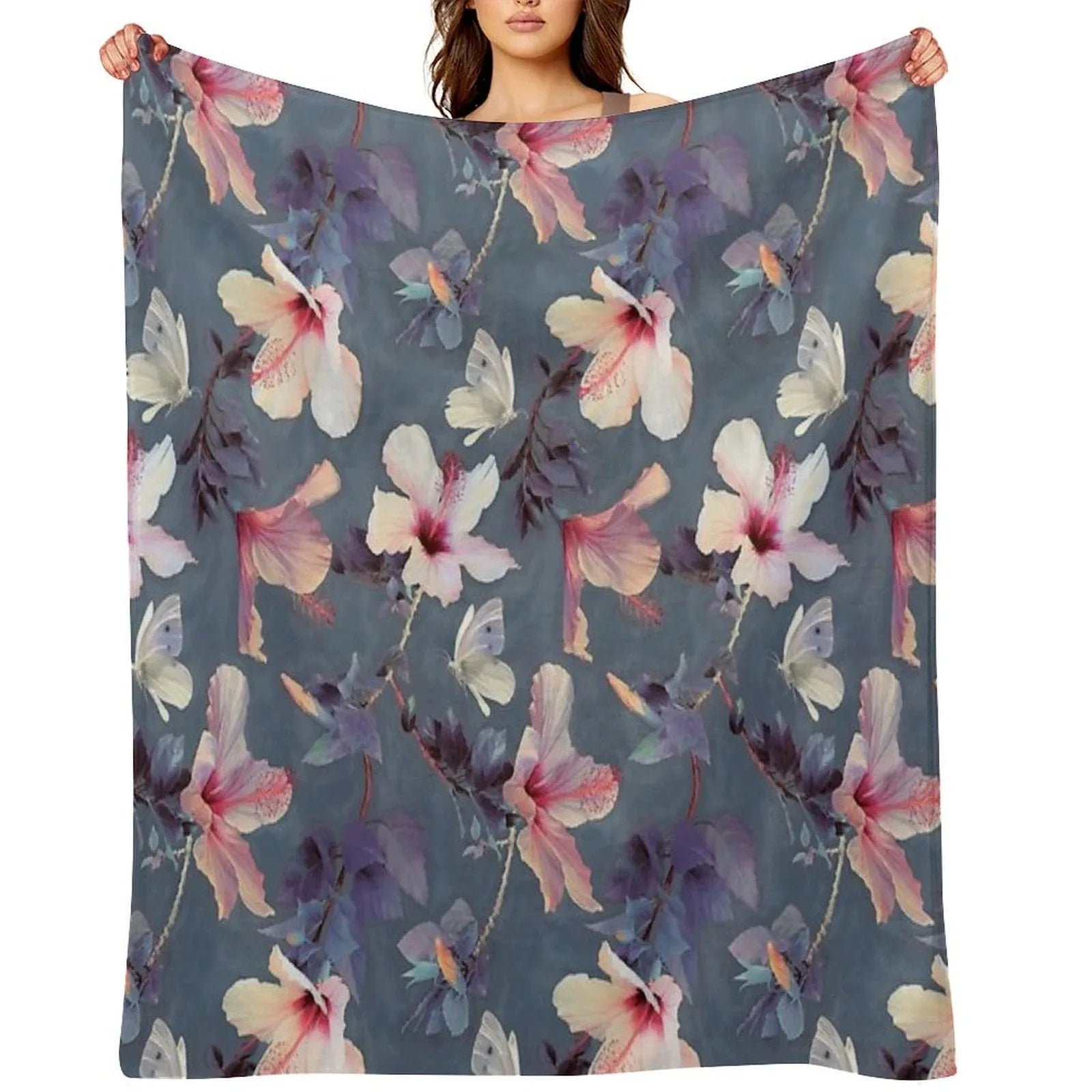 Butterflies And Hibiscus Flowers - A Painted Pattern Throw Blanket