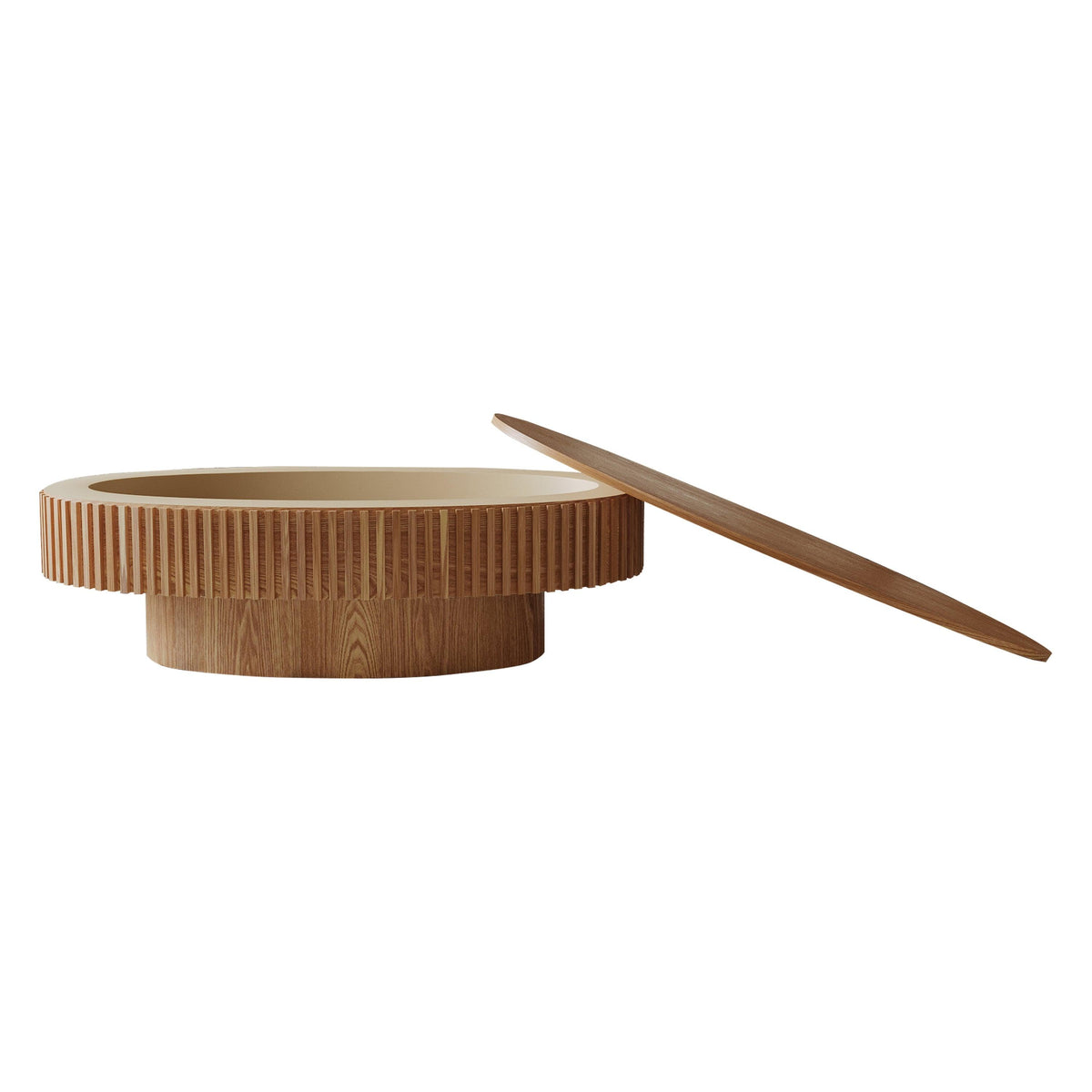 Modern Natural Wood Oval Coffee Table with Hidden Storage