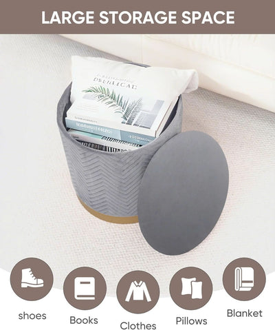 Grey Velvet Circular Storage Ottoman Golden Accents