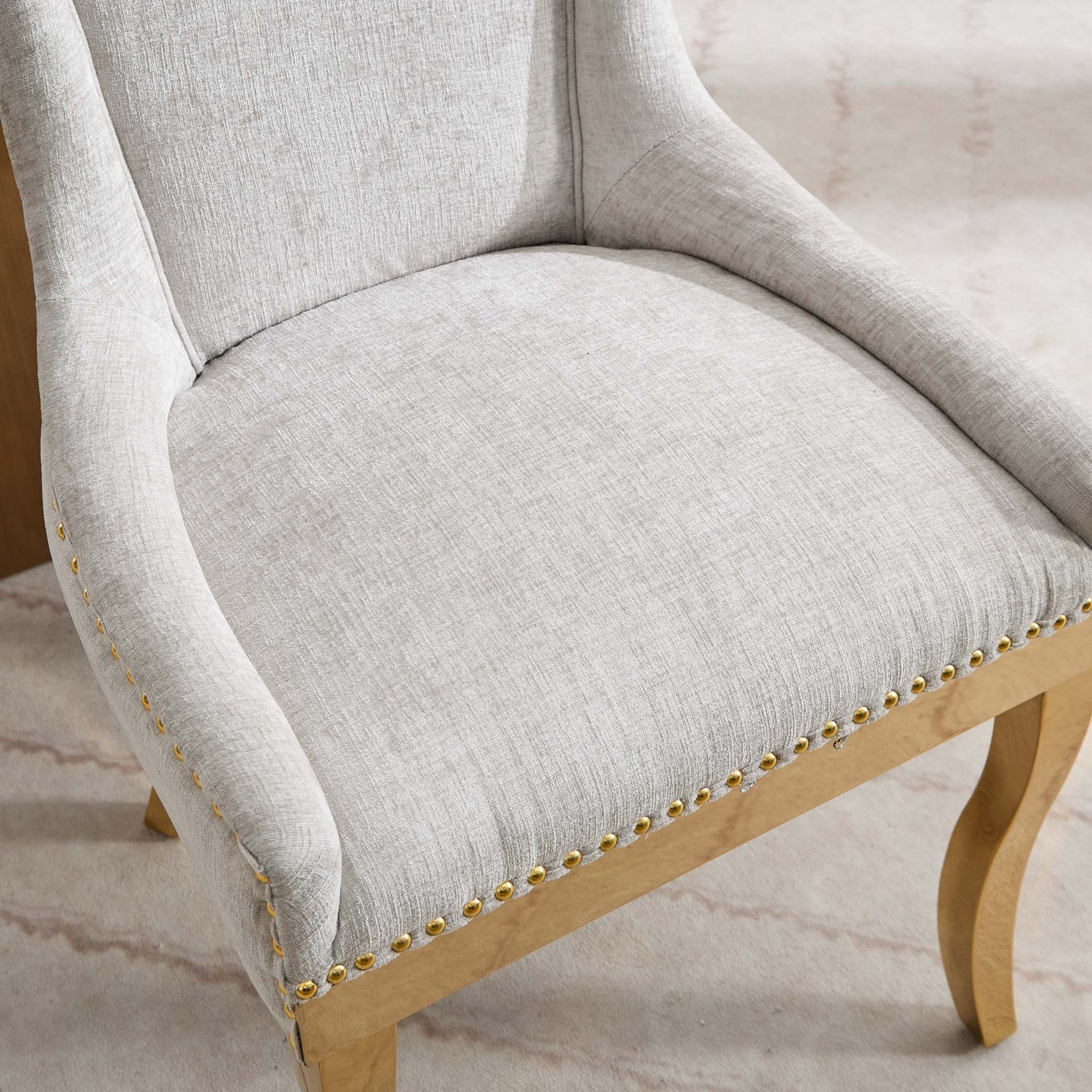 Chenille Dining Chairs Modern Style with Curved Gold-Plated Legs & Rivet Trim