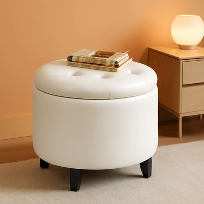 Round Storage Ottoman Ivory Faux Leather Nineteen Point Seven Five Inches