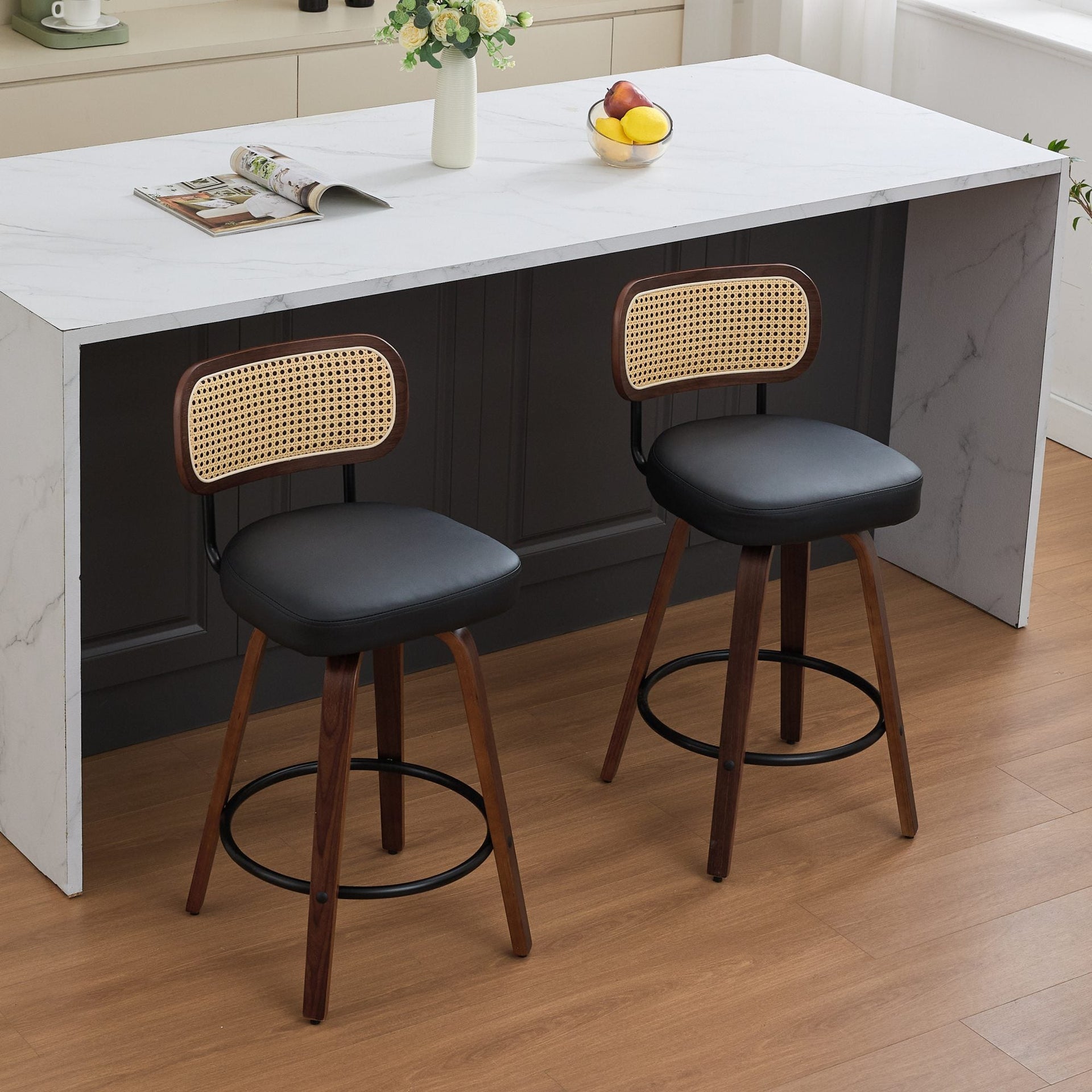 Set of 2 Counter Height Bar Stools - 26 inch Rattan Counter Height Stools with Cane Back, Upholstered Seat, Walnut Craftsmanship, Swivel Counter Stools for Island/Kitchen/Counter/Bar (Walnut Black)