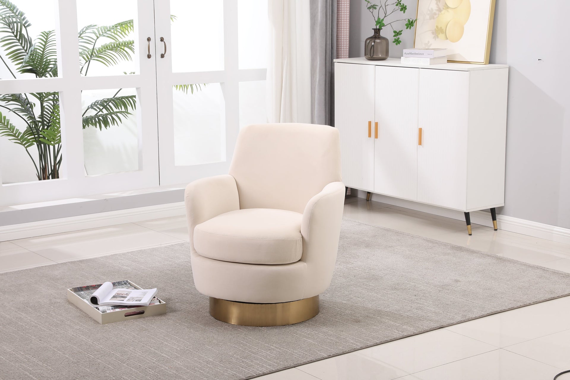 Beige Orange Velvet Swivel Barrel Chair