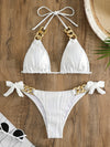 Bikini Ruched Texture Golden Chain 2 Piece Triangle Swimsuit for Women – Striped Halter Bikini Set with Bow Tie Side and Elegant Ring Link Detail – Stretchy Beachwear for Pool Bathing and Summer Vacations
