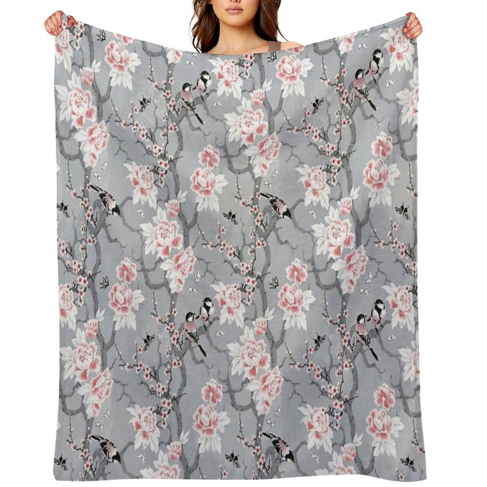 Chinoiserie Birds in Grey Throw Blanket