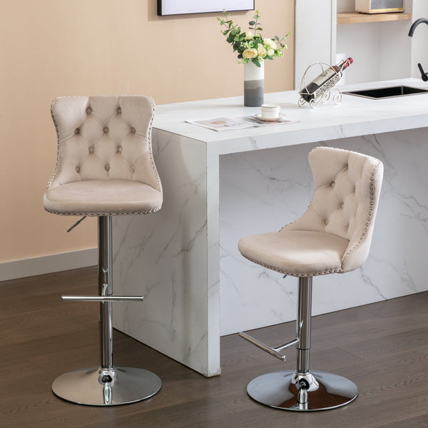 Modern Velvet Swivel Barstools with Adjustable Seat Height and Chrome Base