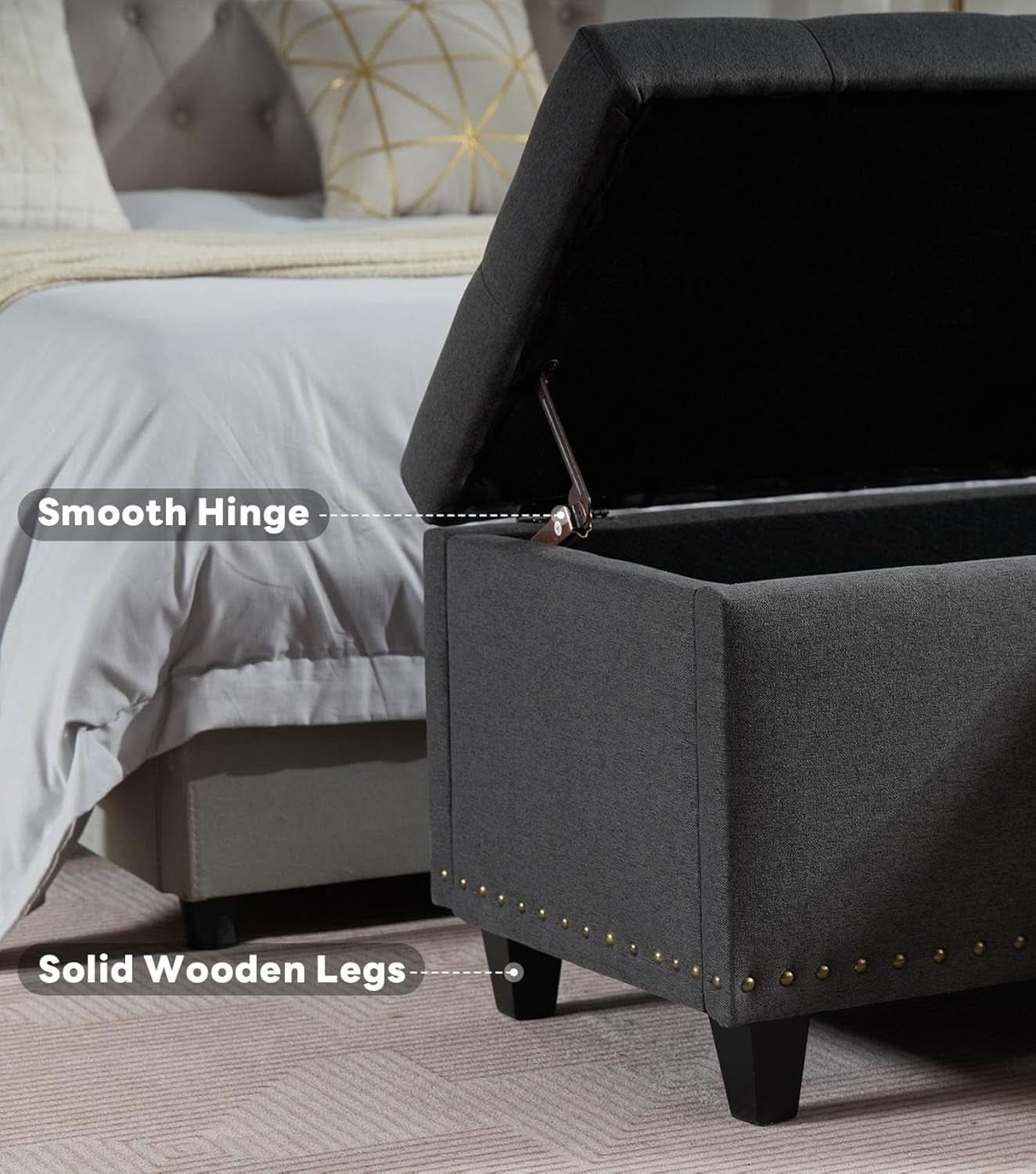 50.8 Inches Gray Upholstered Storage Ottoman Bench