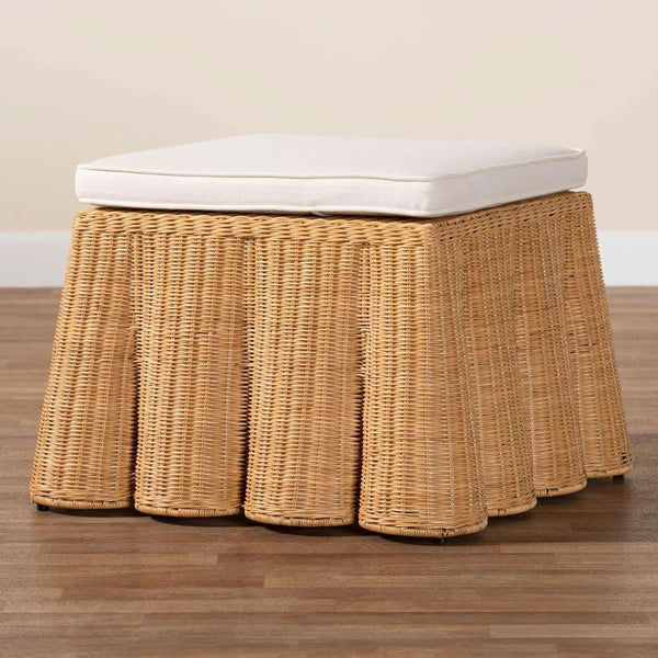 Honey Bohemian Scallop Rattan Ottoman Plush Cushion