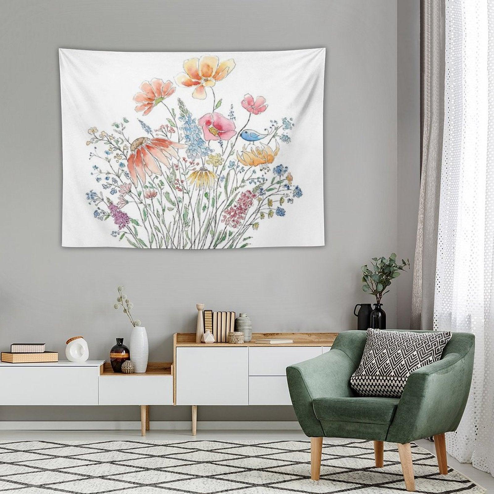 Hand Painted Wild Flower Bouquet And Blue Bird-line And Watercolor 2 Tapestry