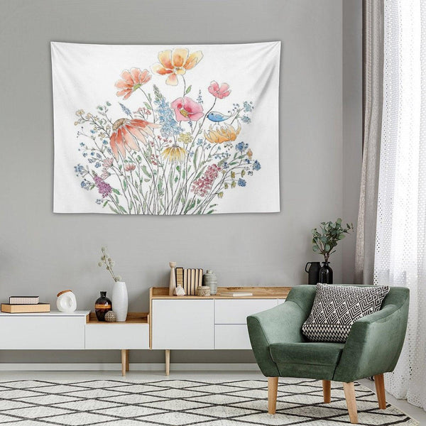 Hand Painted Wild Flower Bouquet And Blue Bird-line And Watercolor 2 Tapestry