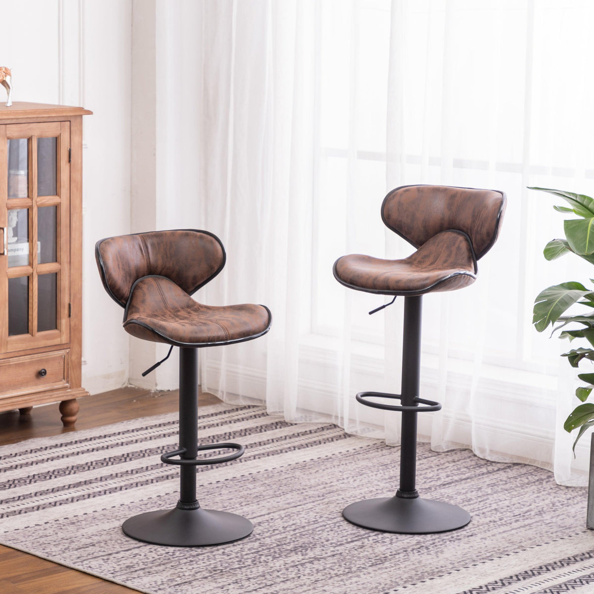 Brown Weathered Upholstered Adjustable Swivel Bar Stools with Chrome Base – Set of 2
