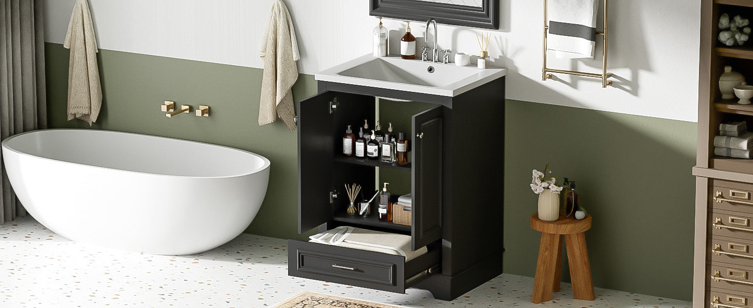 Bathroom Vanity with Ceramic Sink and Modern Freestanding Storage Cabinet, Soft-Close Doors