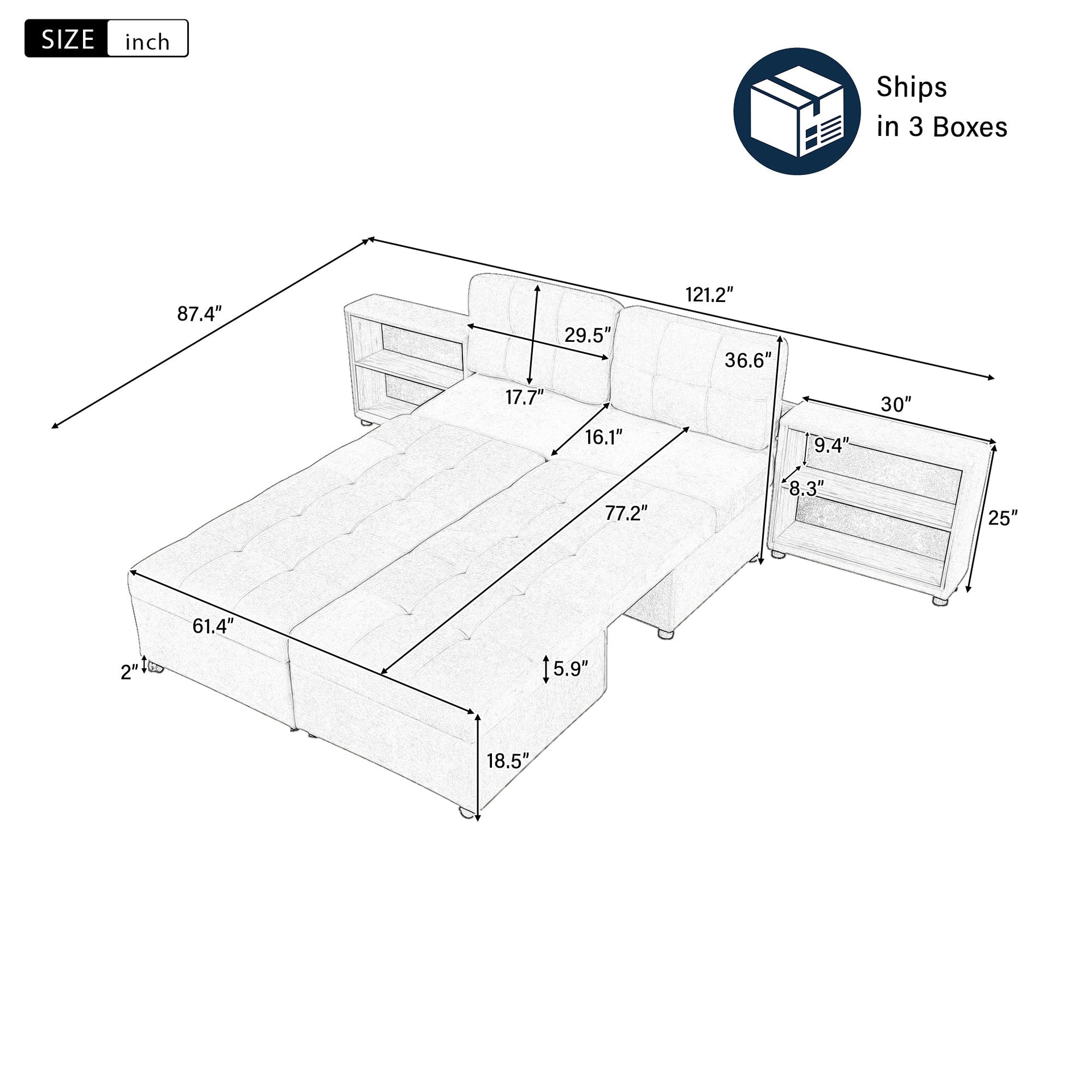 121.2' Versatile Sofa Bed Modular Sofa  Free-combined Sofa with Two Storage Racks,  Gray