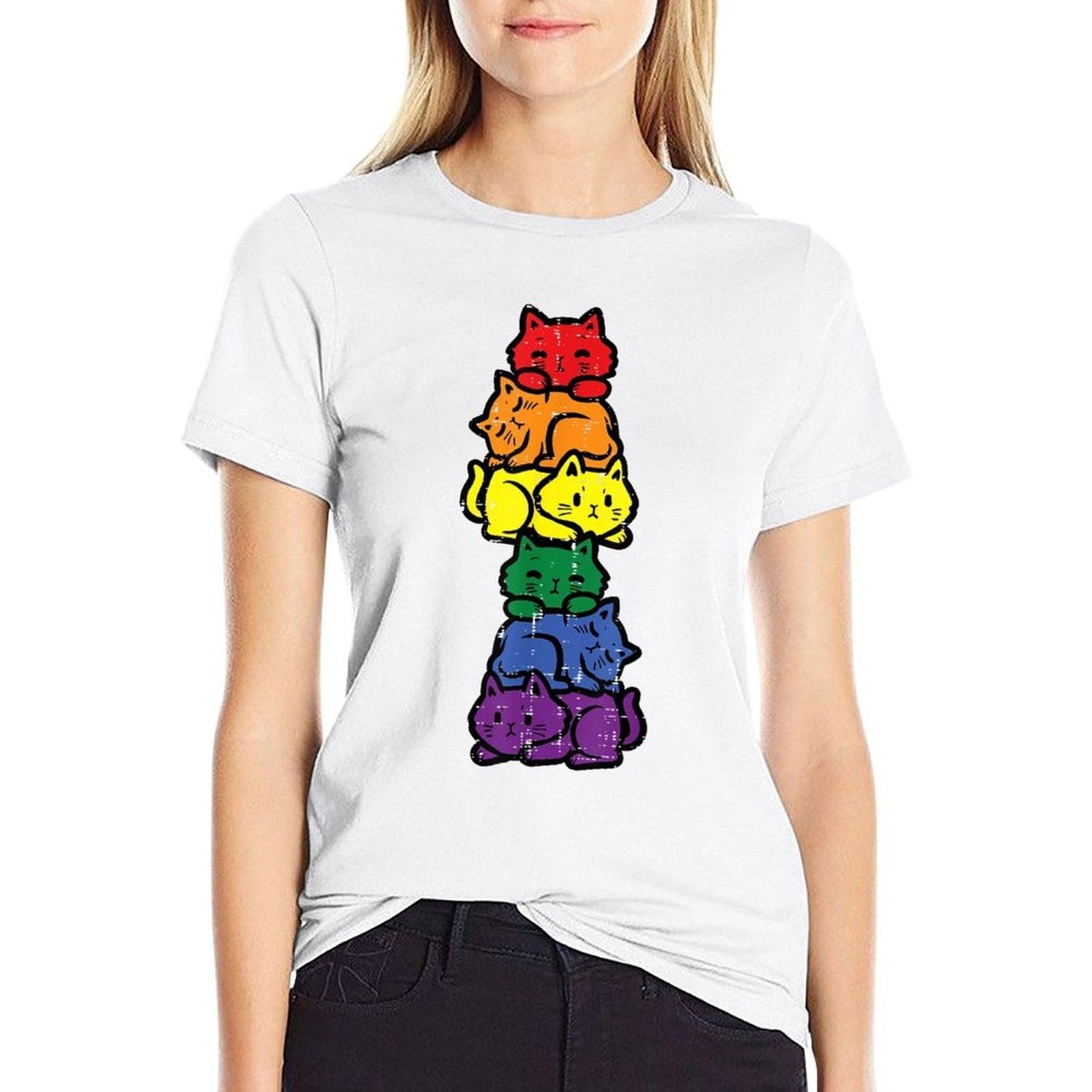 Gay Pride Cat Stack Rainbow Lgbt Anime Men Women Kids  Stretchy T-Shirt