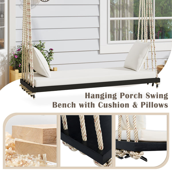 Patio Wooden Swing Chair Hanging Porch Swing Bench with Cushion & Pillows