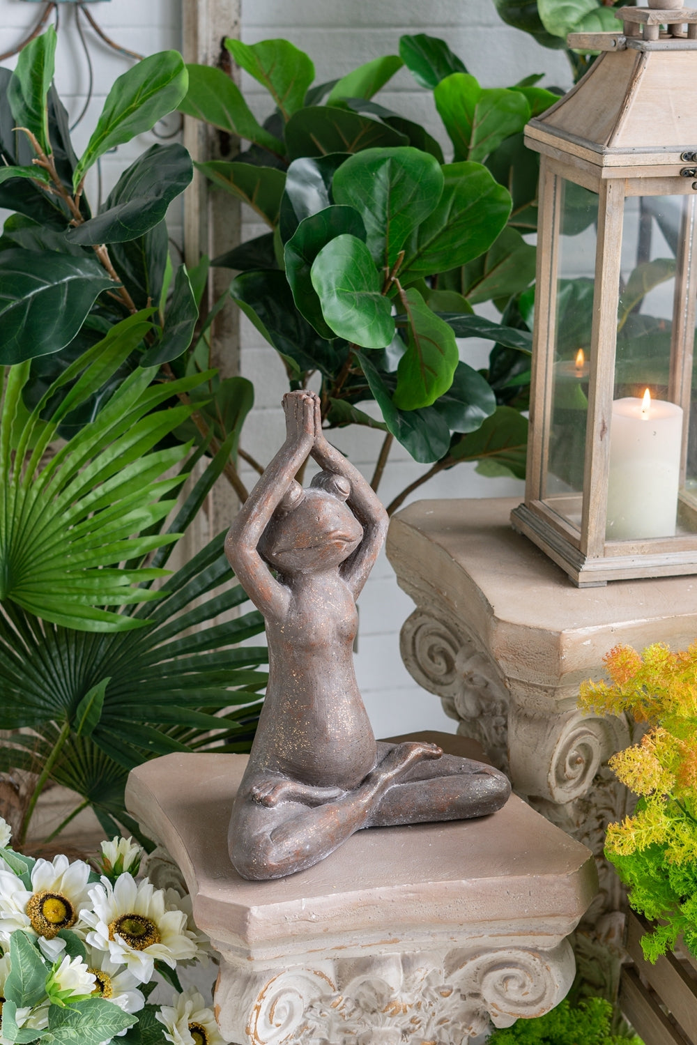 11.5x6.5x15' Brown Magnesium Yoga Frog Figurine in Namaste Pose with Gold Accents