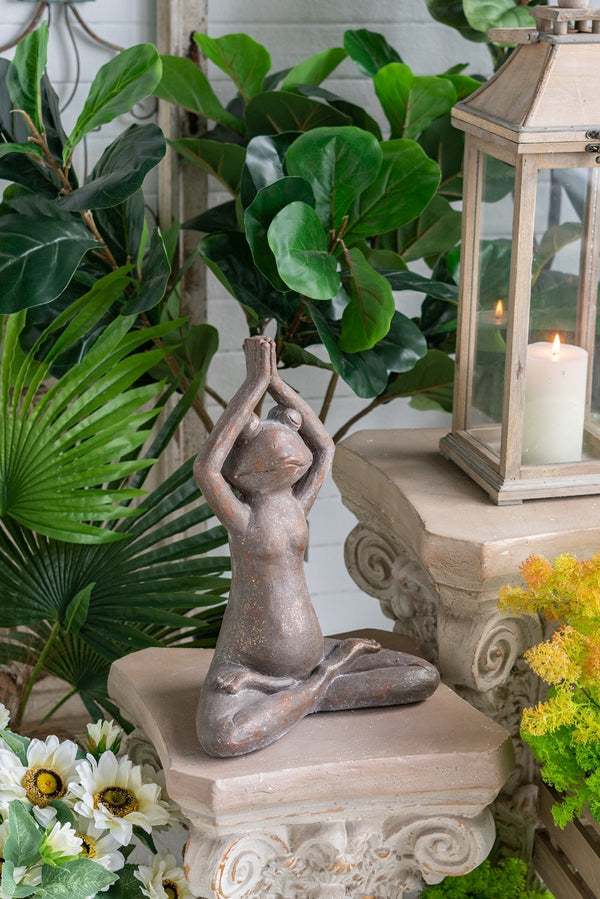 Brown Magnesium Yoga Frog Figurine with Gold Accents Decorative Meditation Statue