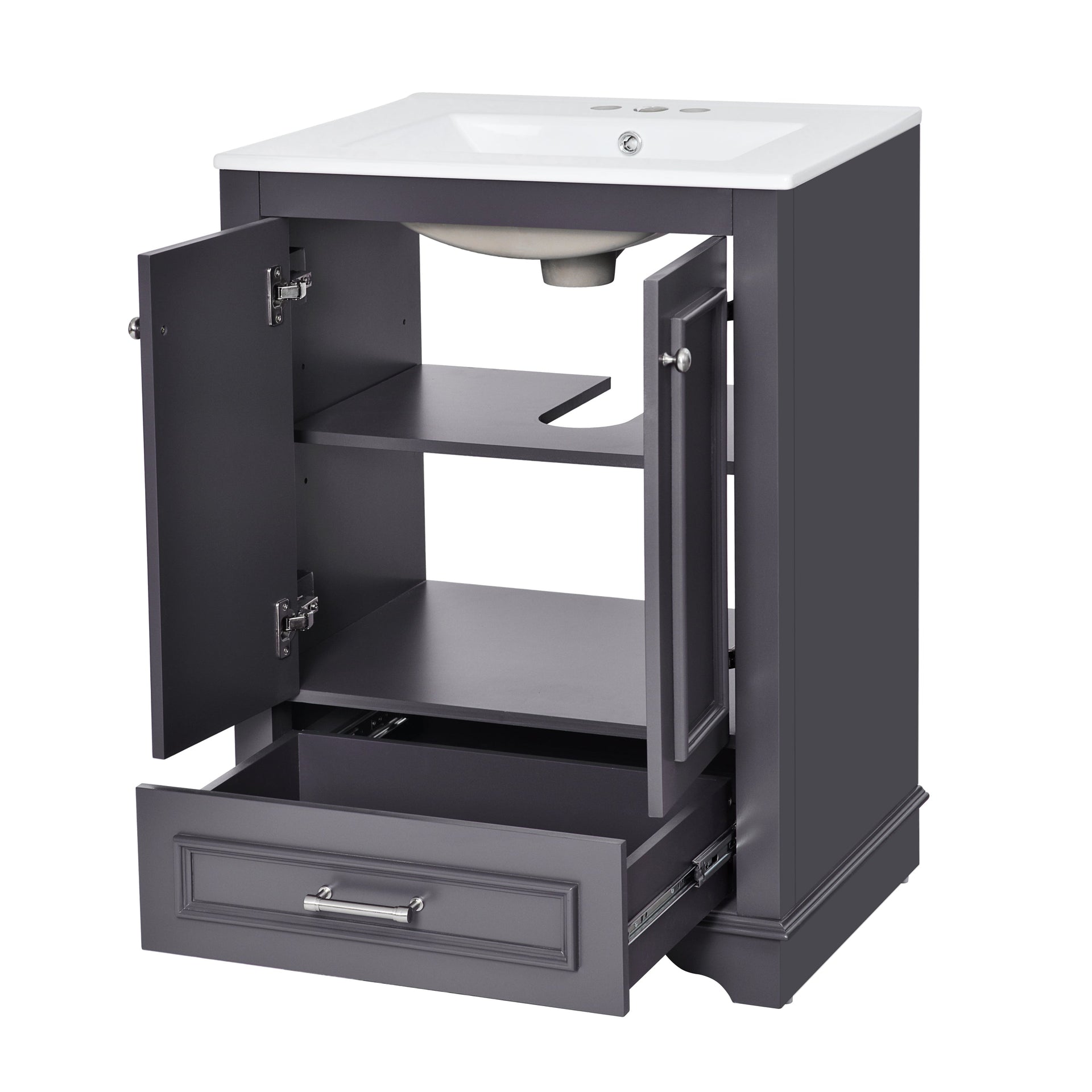 Bathroom Vanity with Ceramic Sink and Modern Freestanding Storage Cabinet, Soft-Close Doors