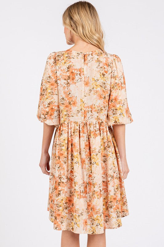 New Summer Flower Print Linen Blend Babydoll Mini Dress – Lightweight Floral Babydoll Dress with Relaxed Fit and Gathered Waist