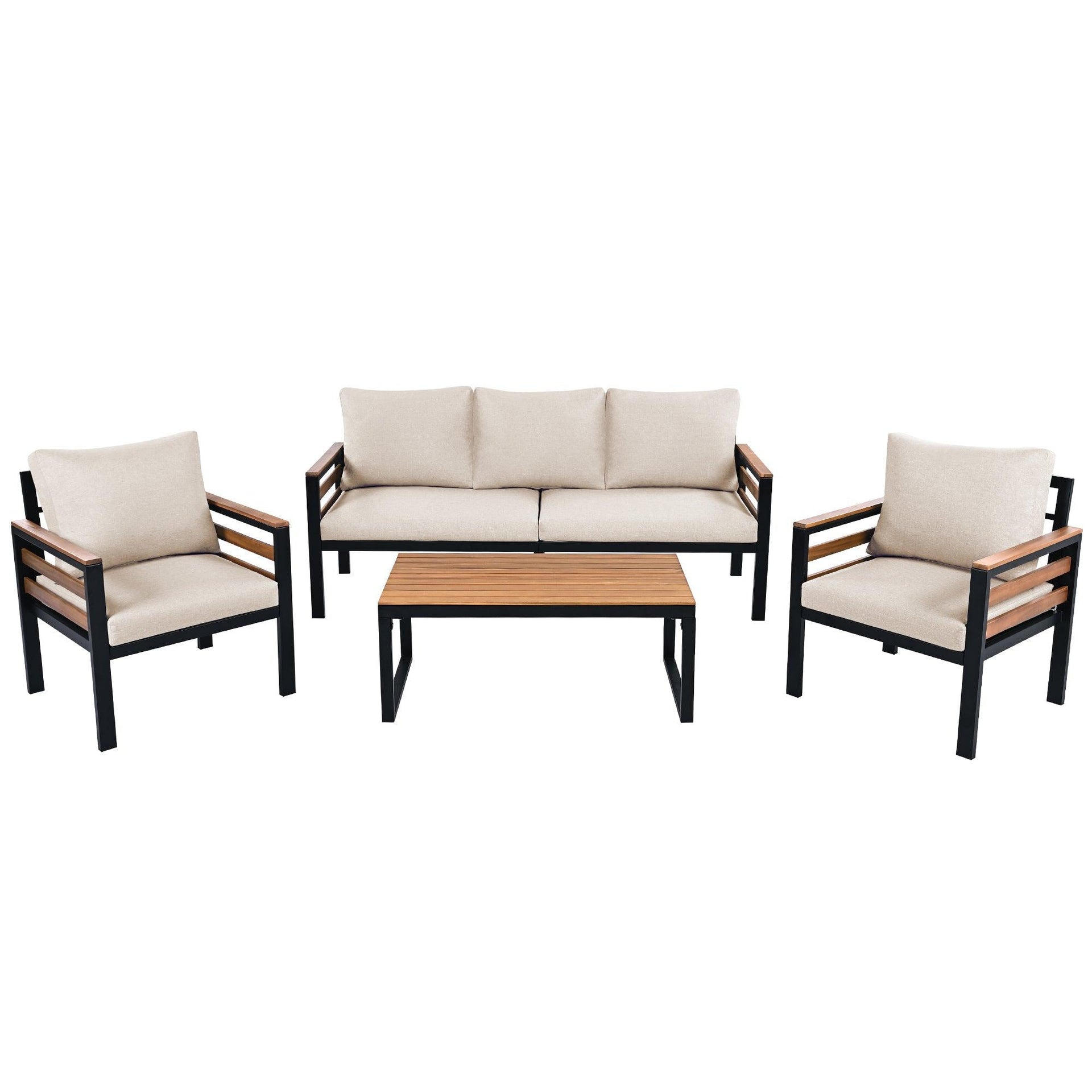 4-Piece Outdoor Furniture Sofa Set for 5 People with Acacia Wood Armrests