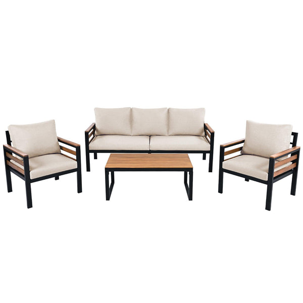 4-Piece Outdoor Furniture Sofa Set for 5 People with Acacia Wood Armrests