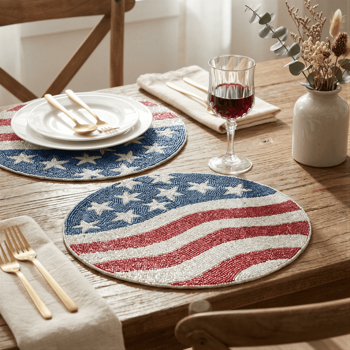 USA Flag Placemats - Round Beaded Handmade Table Mats With Satin Backing