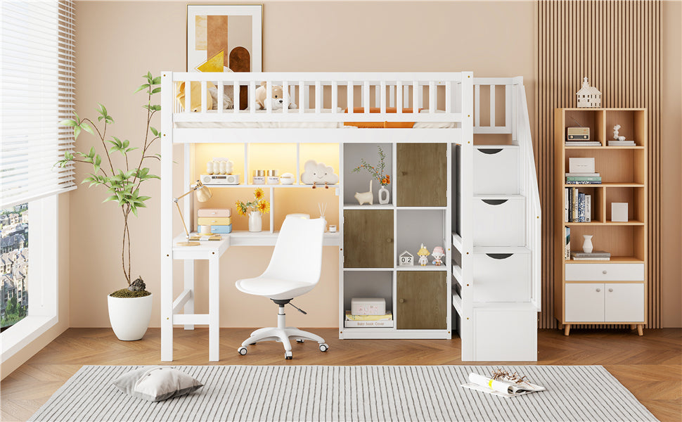 Wood Twin Size Loft Bed with Built-in Desk, LED, Storage Shelves, Cabinets and Staircase