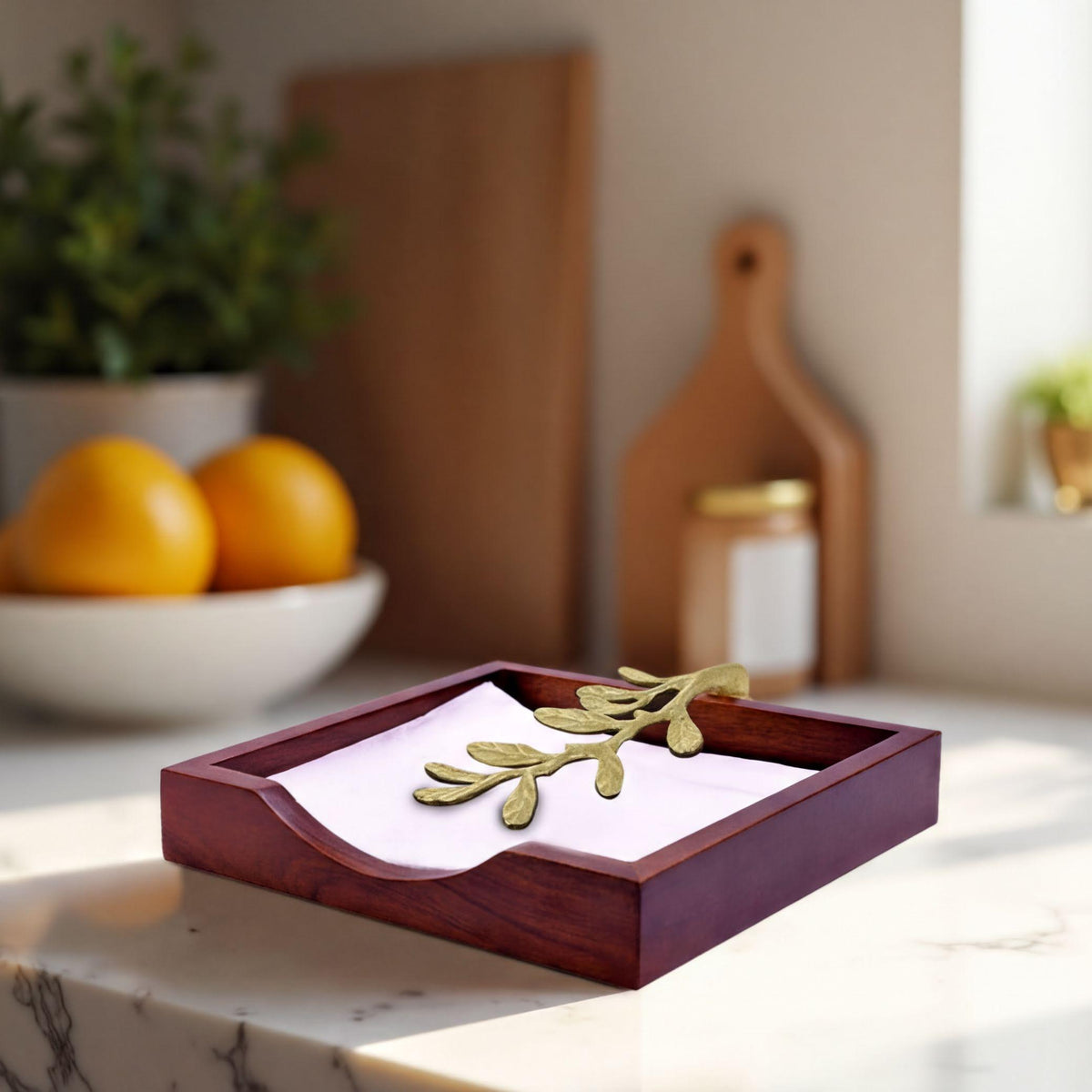 Wooden Napkin Holder – Gold, Weighted Metal Arm