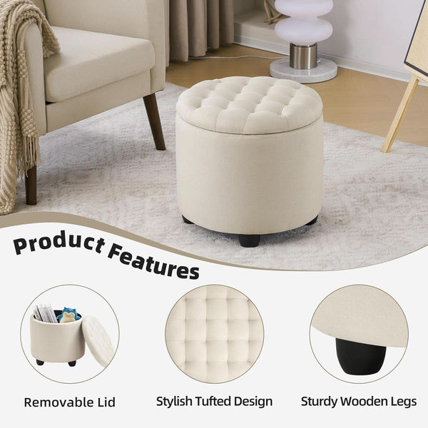 Beige Round Storage Ottoman Featuring Removable Lid