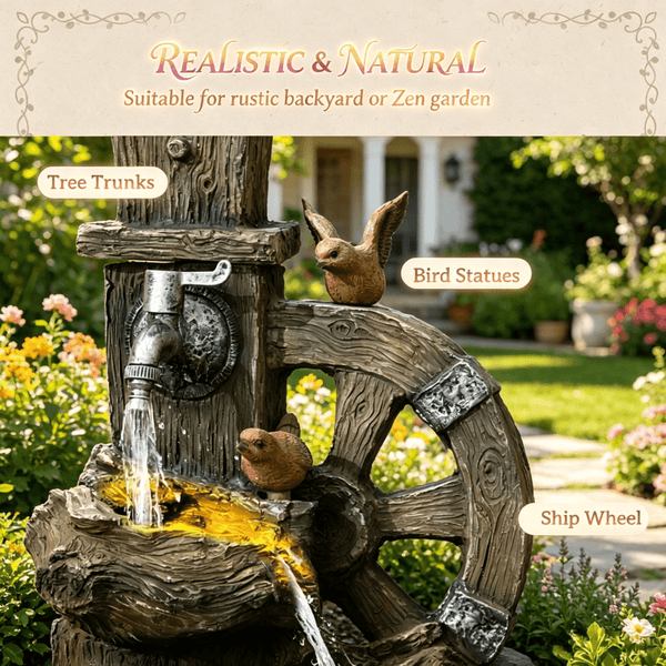 Resin Rustic Outdoor Fountain Birdhouse and Iron Tap