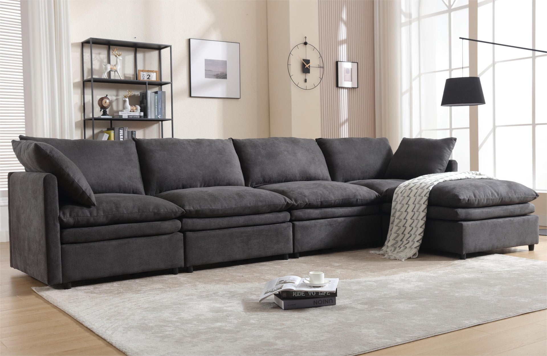 Modern U-shaped Sectional Sofa ,5-seat Upholstered  Sofa Furniture,Sleeper Sofa Couch with Chaise Lounge for Living Room,Apartment,Dark Gray,Polyester