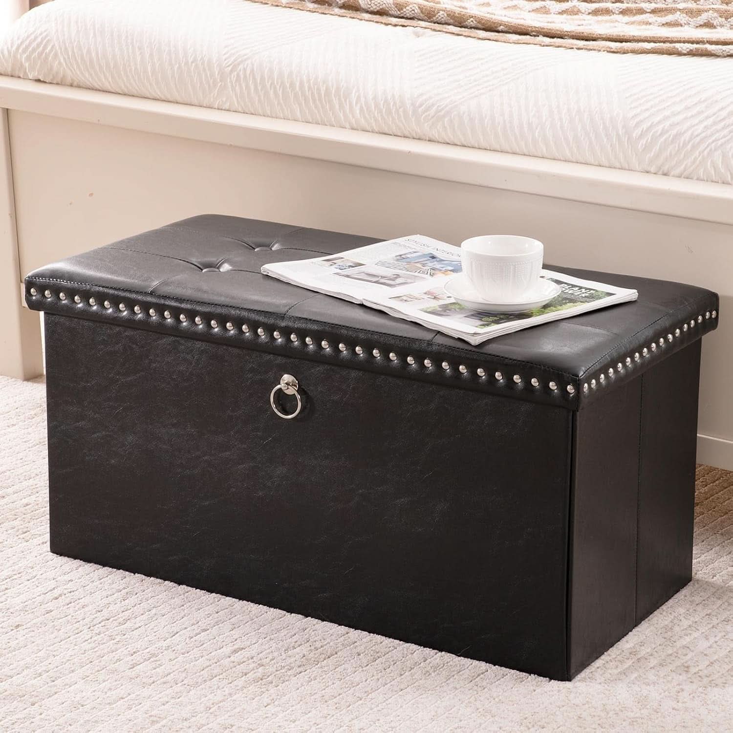 Faux Leather Folding Storage Ottoman 30 Inch Size Black