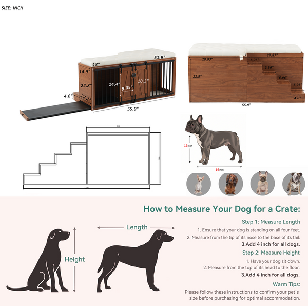56'L, Furniture Style 2 in 1 Dog Crate with Padded Seat, Sliding Barn Door, Luxury Wooden Dog Kennel, End of Bed Bench Ottoman with Removable Cushion for Bedroom, Living Room, Walnut
