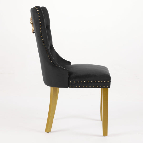 Mid-Century Modern Tufted Solid Wood Velvet Dining Chair with Lion Head Pull Ring