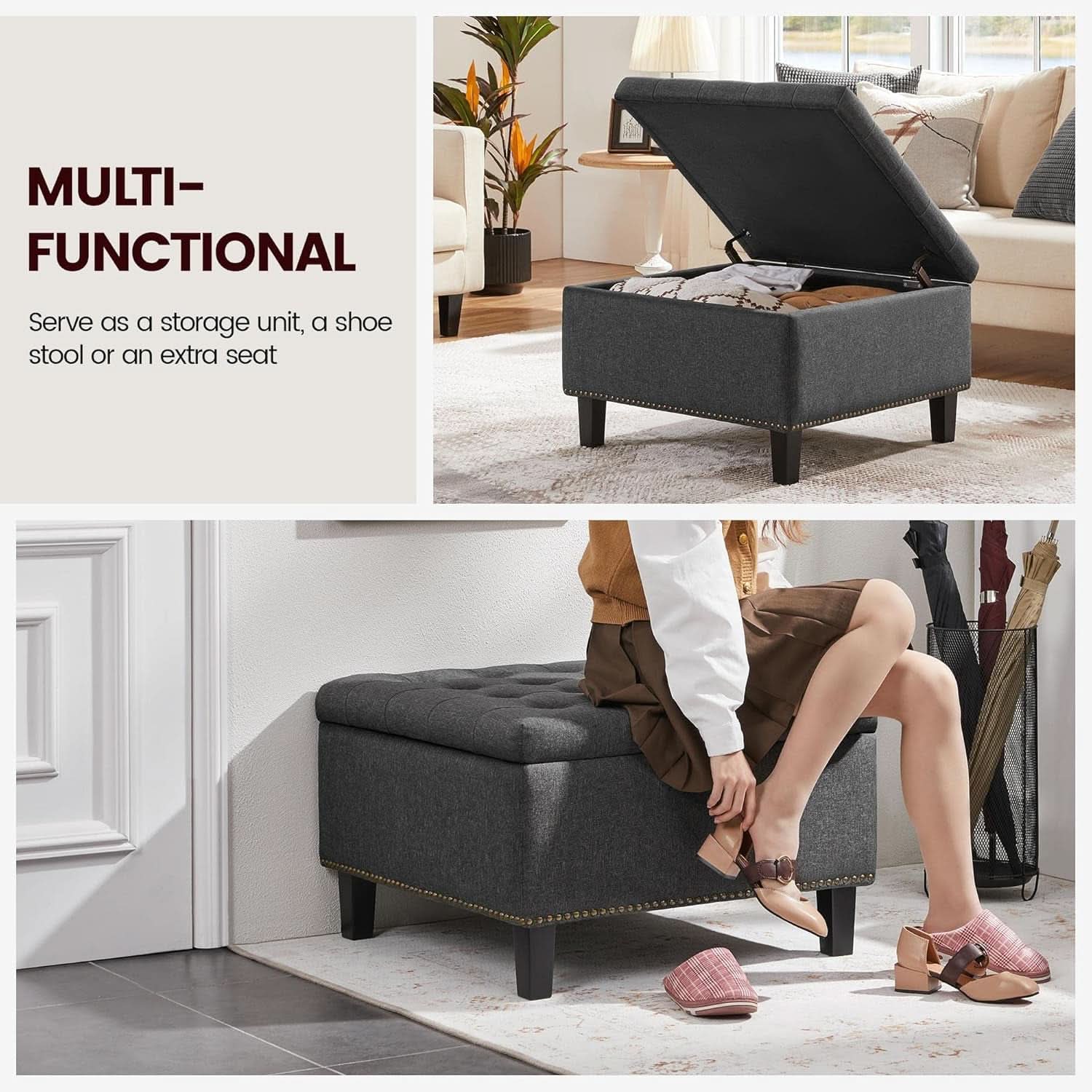 28 Inch Entryway Ottoman Bench Charcoal With Storage
