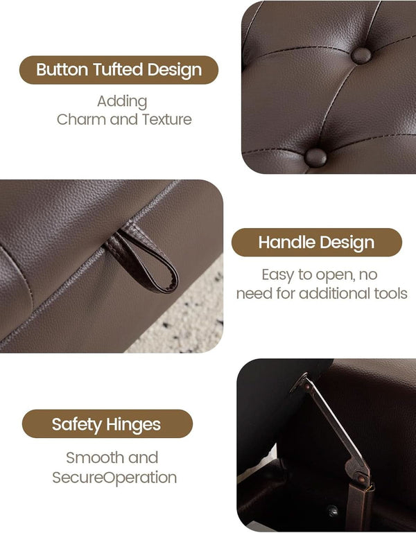 Brown Genuine Leather Storage Ottoman Bench Bedside