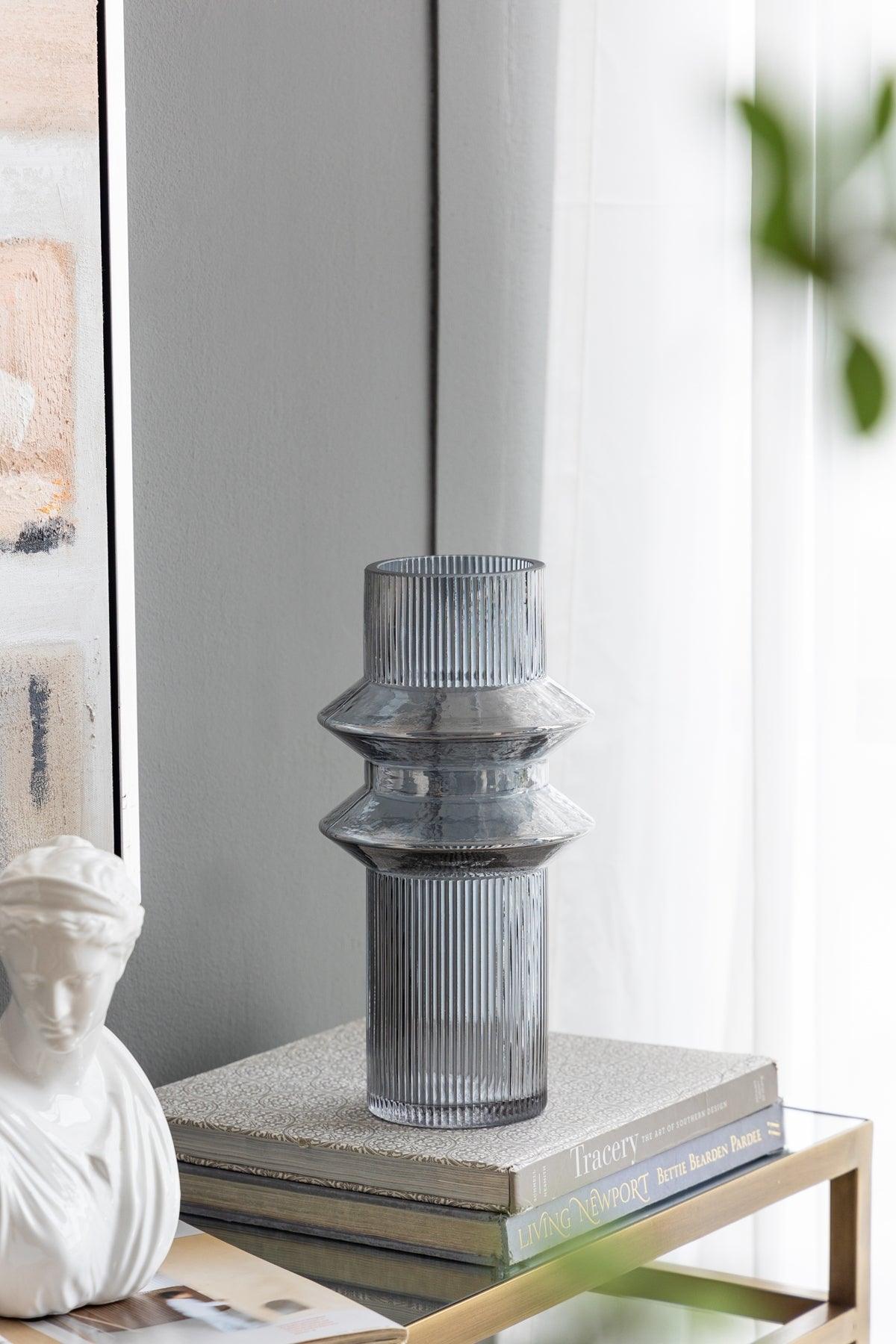 Set of 2 Blue Smoked  Modern Geometric Glass Vase