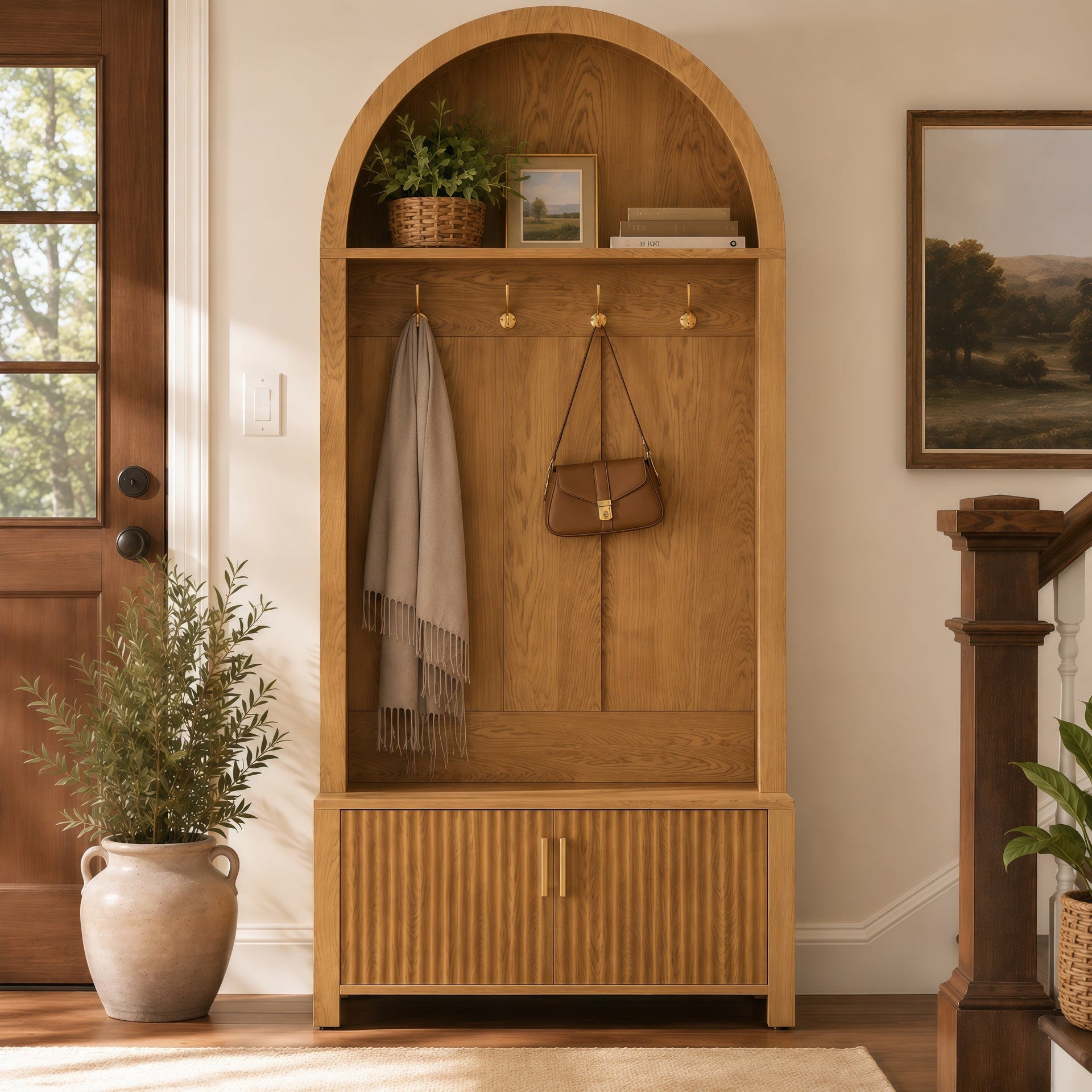 Farmhouse Hall Tree with Storage Bench & Cabinet – Entryway Organizer with Coat Hooks