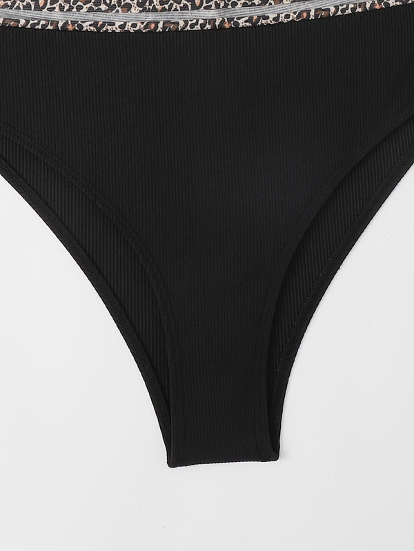 Bikini Leopard Print High Waist Bandeau 2 Piece Swimsuit for Women – Super Stretchy Bikini Set with Seductive Mesh Detail and Flattering Fit – Chic Animal Print Swimwear for Beachwear Poolside and Summer Vacations