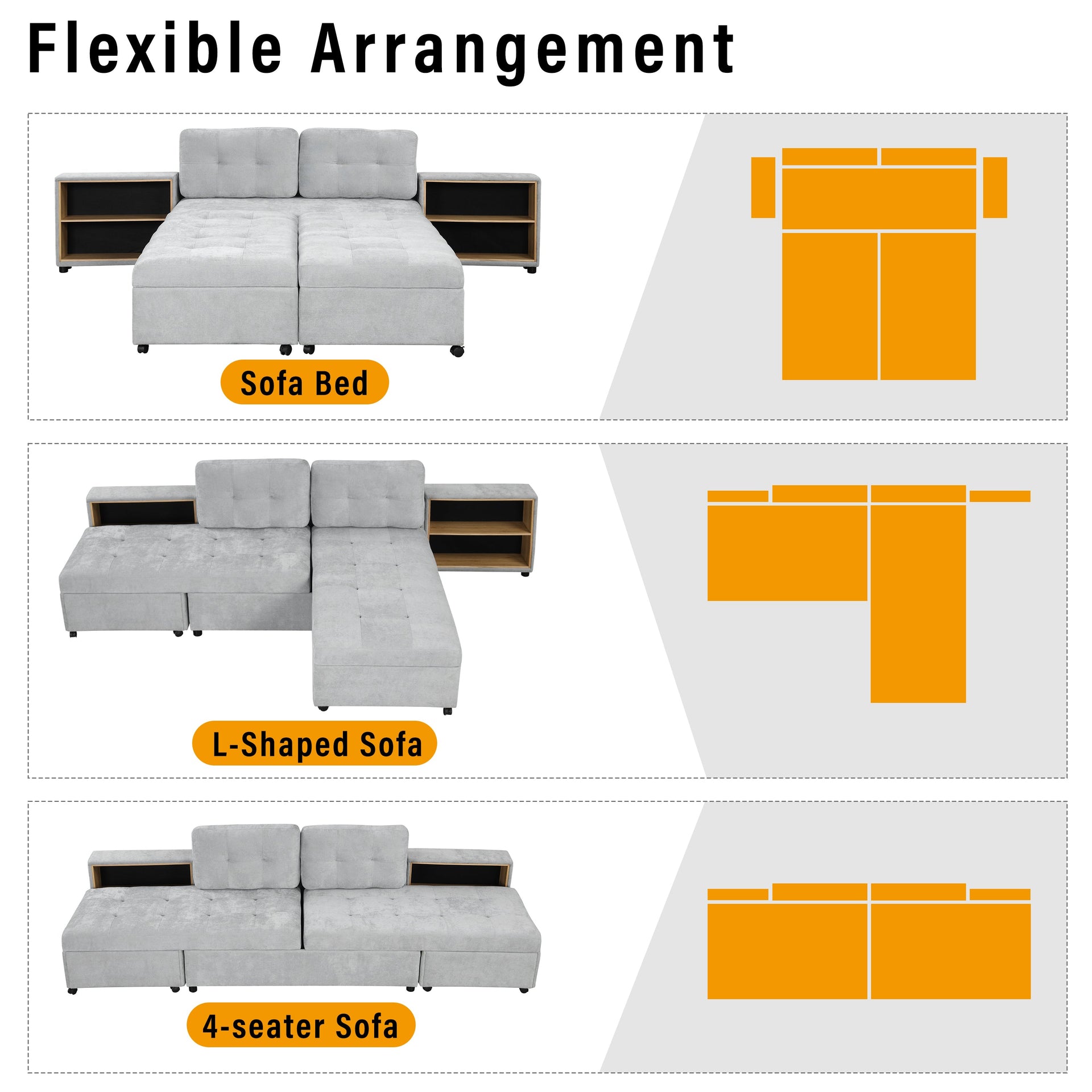 121.2' Versatile Sofa Bed Modular Sofa  Free-combined Sofa with Two Storage Racks,  Gray