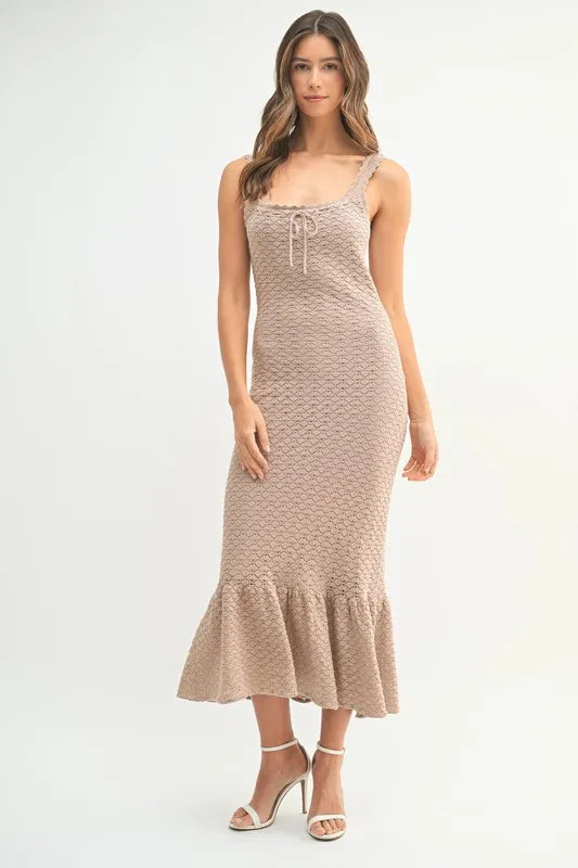 Ruffled Hem Sleeveless Crochet Knit Midi Dress For Women – Crochet Knit Dress, Ruffled Hem Dress, Sleeveless Midi Dress, Summer Dress, Elegant Knit Dress