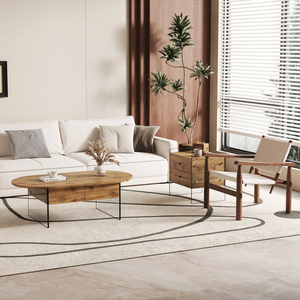 Elegant Coffee Table with Double Drawers and Transparent Glass Sides in MDF and Glass