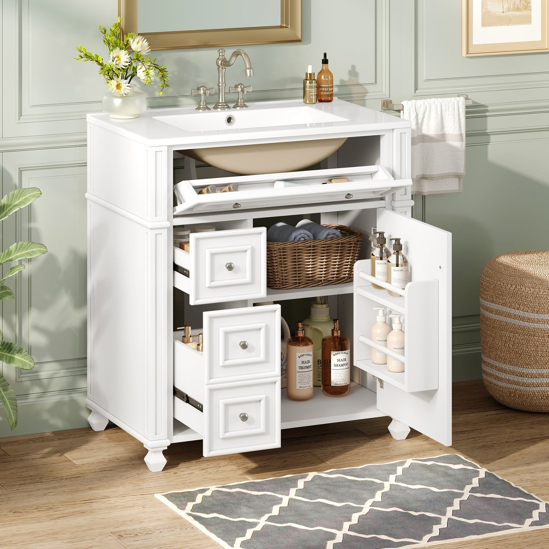 Bathroom Vanity with Ceramic Sink Basin, Cabinet with Soft-Close Doors and Organizer