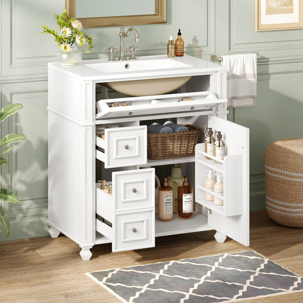 Bathroom Vanity with Ceramic Sink Basin, Cabinet with Soft-Close Doors and Organizer