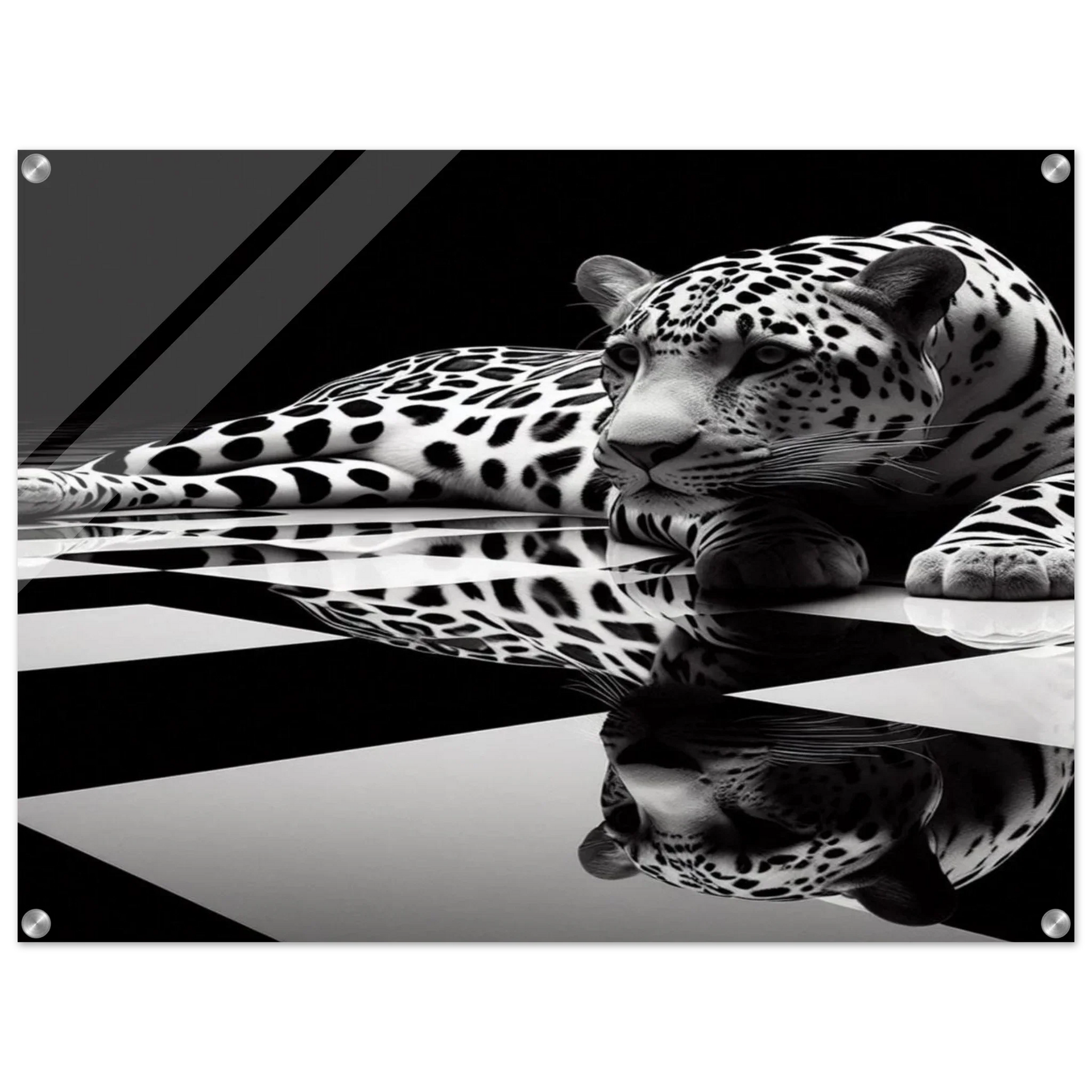 Leopard Acrylic Print on Black and White Checkered Floor – Glossy Finish Wall Art