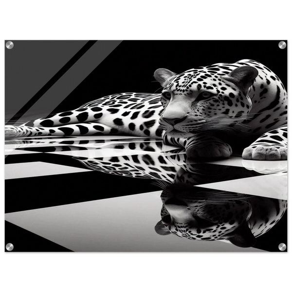 Leopard Acrylic Print on Black and White Checkered Floor – Glossy Finish Wall Art