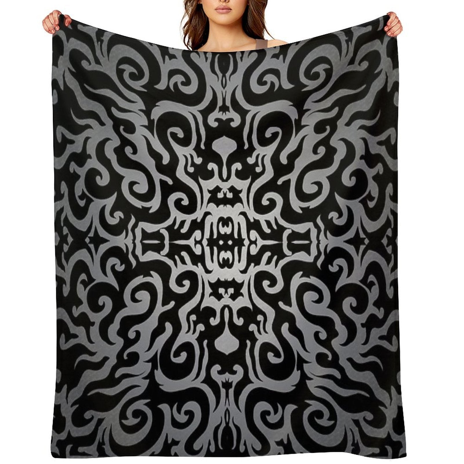 Silver Damask Brocade Pattern Travel-friendly Throw Blanket