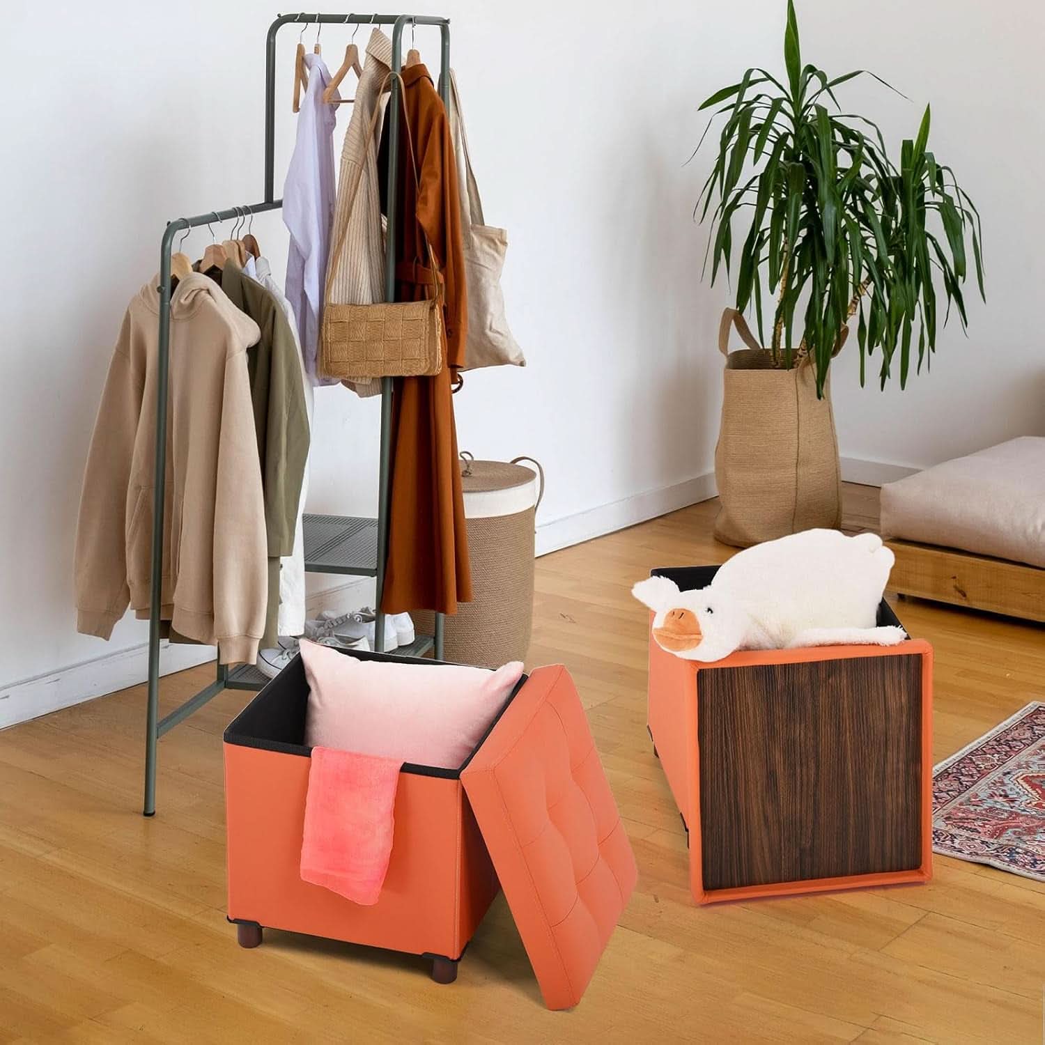 Orange Faux Leather Storage Ottoman With Wooden Tray