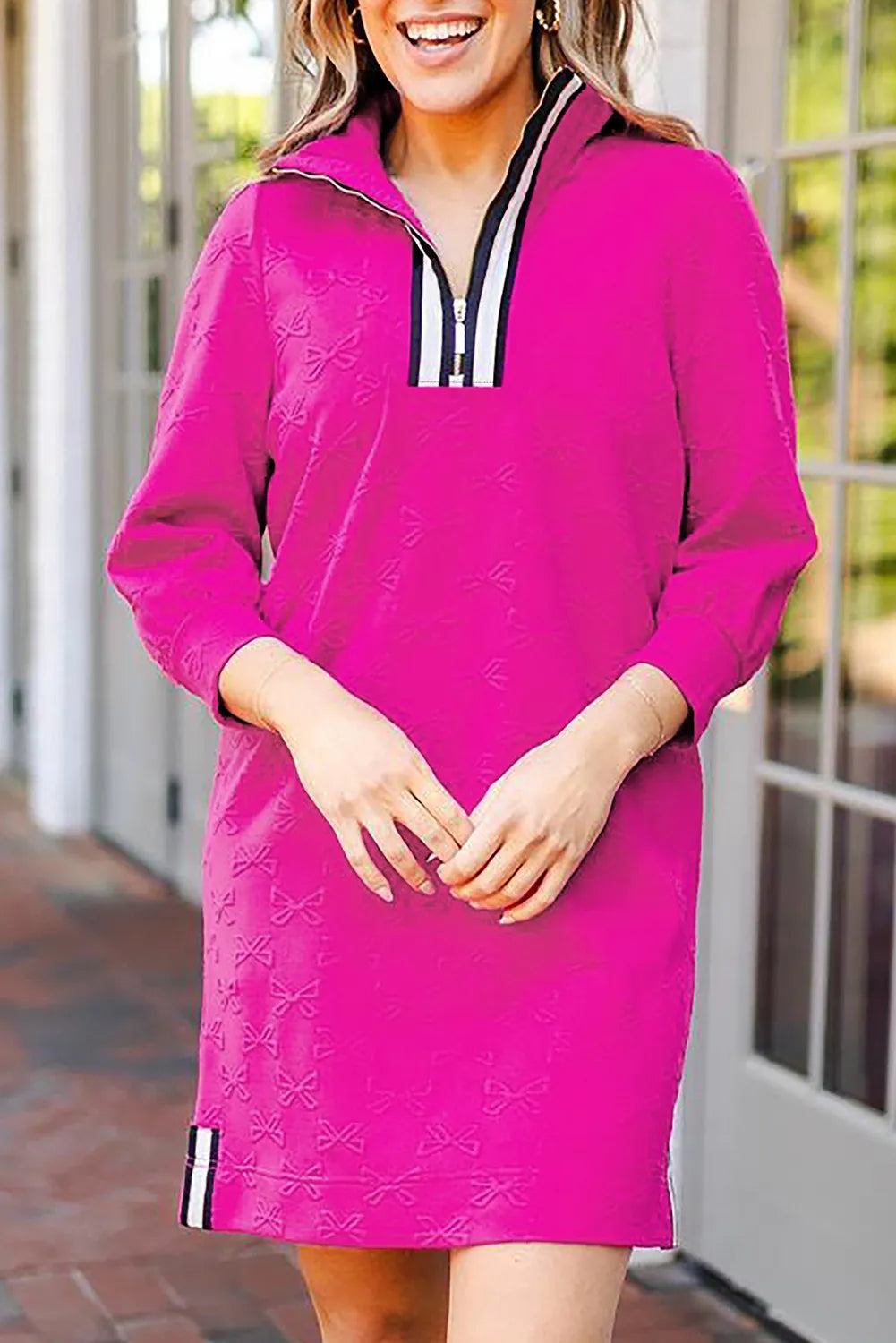 Classic Textured Zip Mini Dress Trendy Long Sleeve Dress for Women Modern Dress