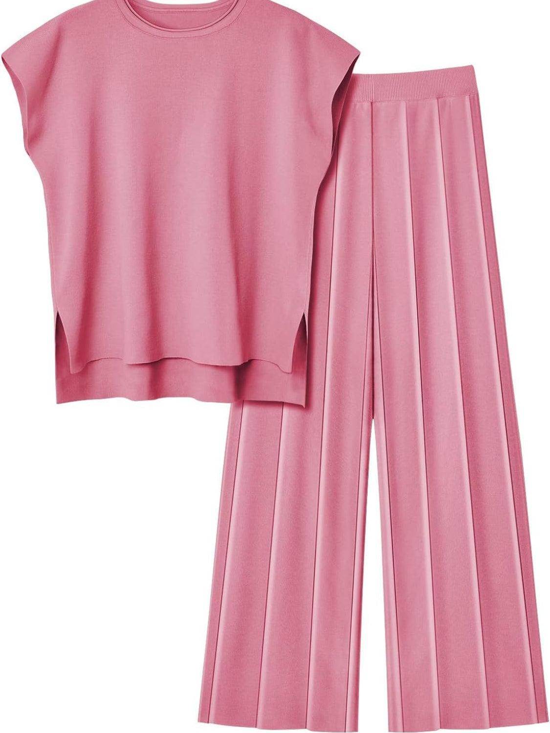 Round Neck Cap Sleeve Top and Pants Knit Set for Women